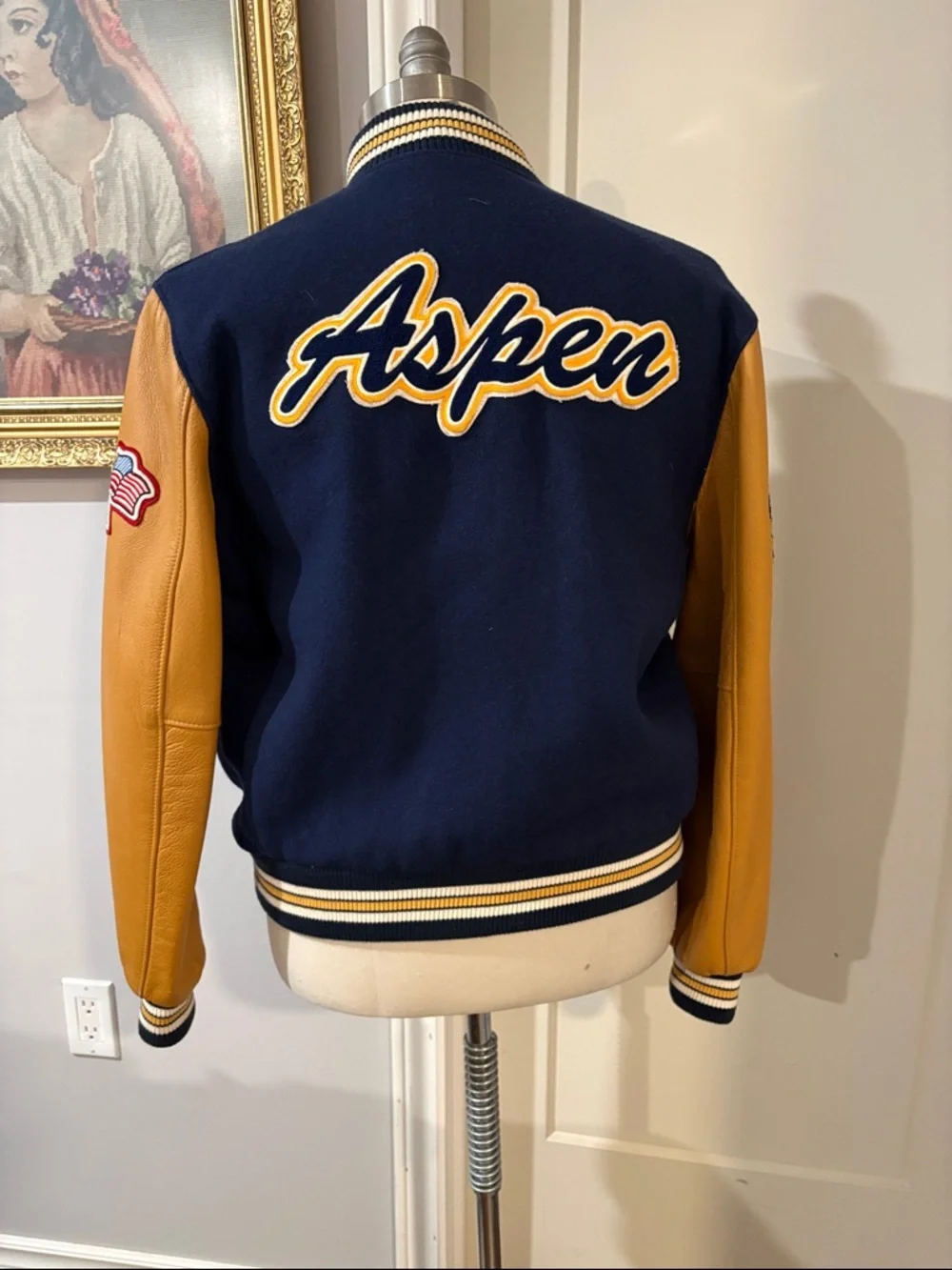 Roots Navy and Mustard Letterman Jacket  leather sleeves. - Picture 5 of 11